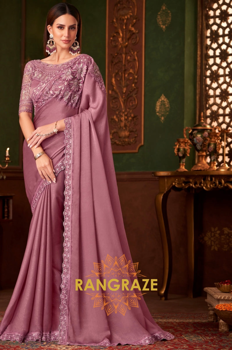 Dusty Rose Designer Saree with Floral Embroidery