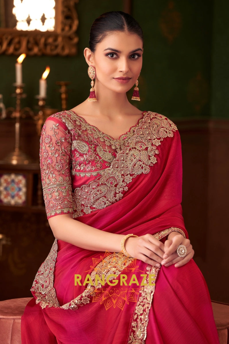 Radiant Red Embroidered Designer Saree