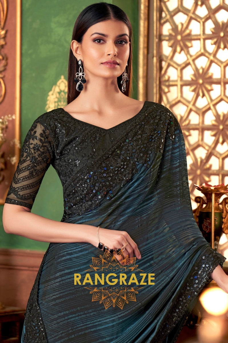 Midnight Blue Designer Saree with Intricate Embroidery