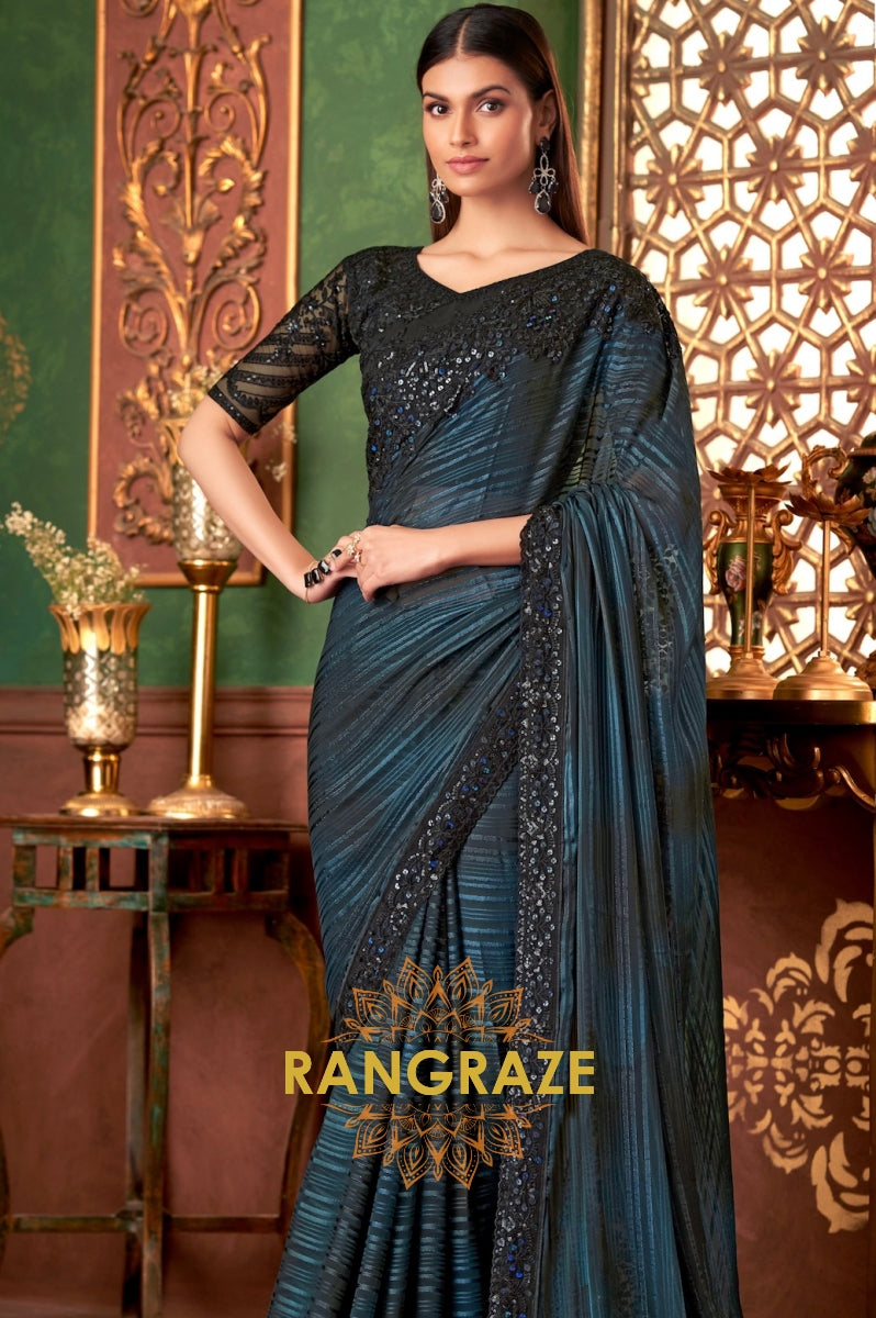 Midnight Blue Designer Saree with Intricate Embroidery