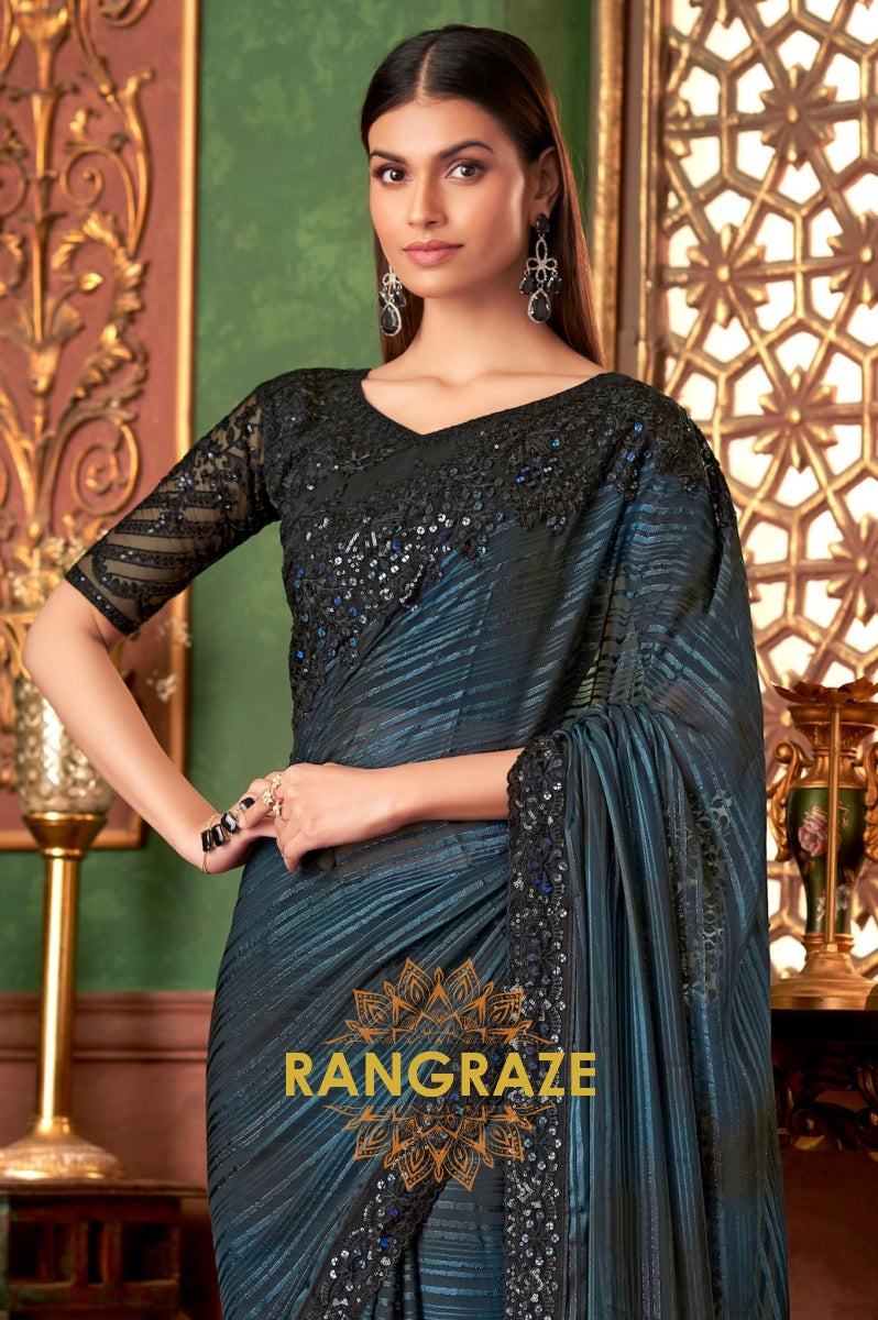 Midnight Blue Designer Saree with Intricate Embroidery