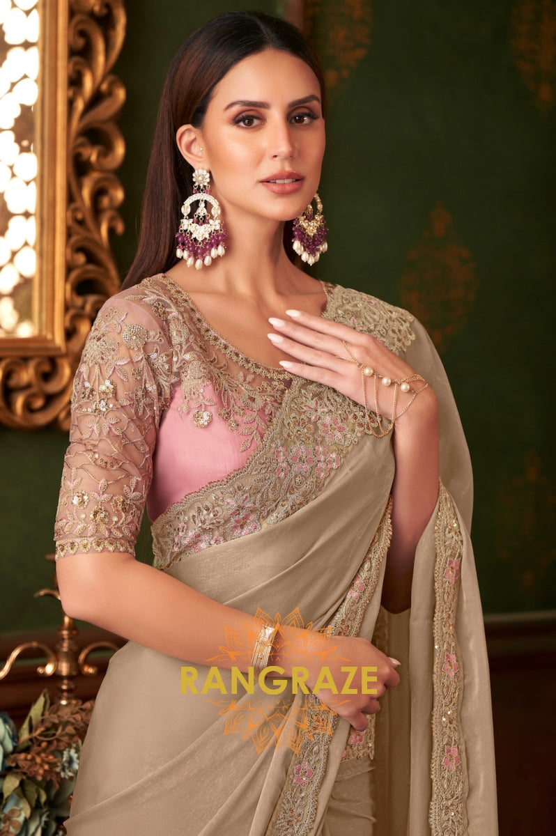 Radiant Beige Designer Saree with Intricate Embroidery