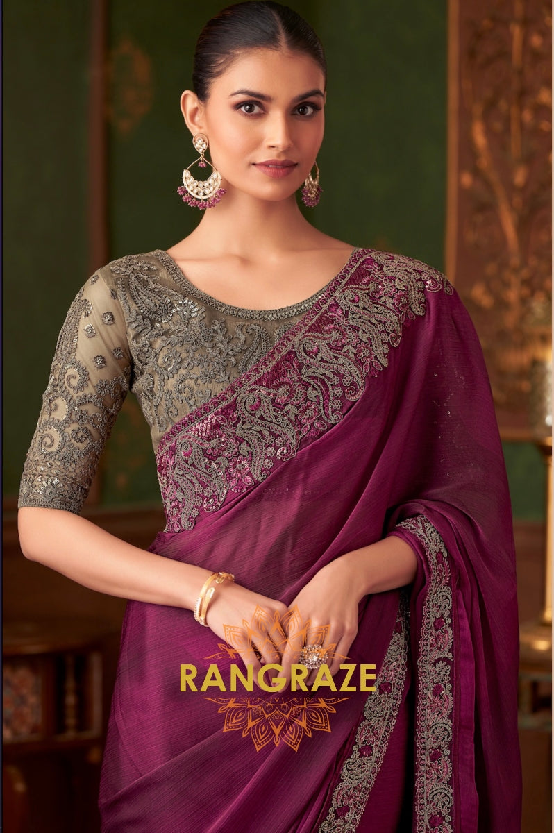 Elegant Wine Designer Saree with Intricate Embroidery