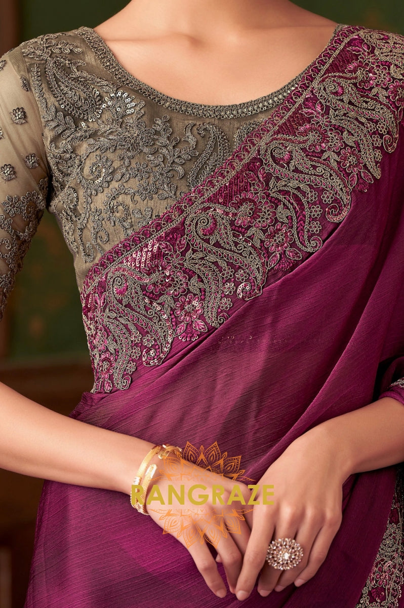 Elegant Wine Designer Saree with Intricate Embroidery