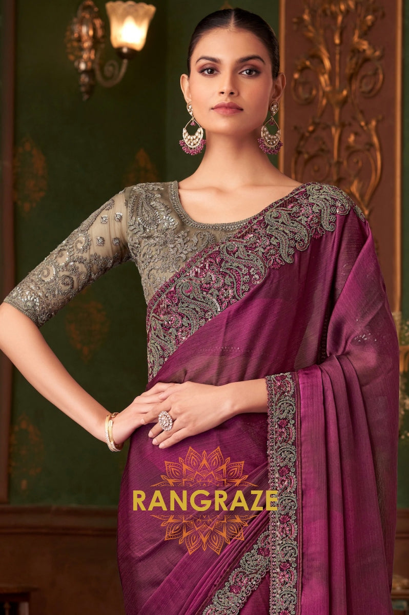 Elegant Wine Designer Saree with Intricate Embroidery