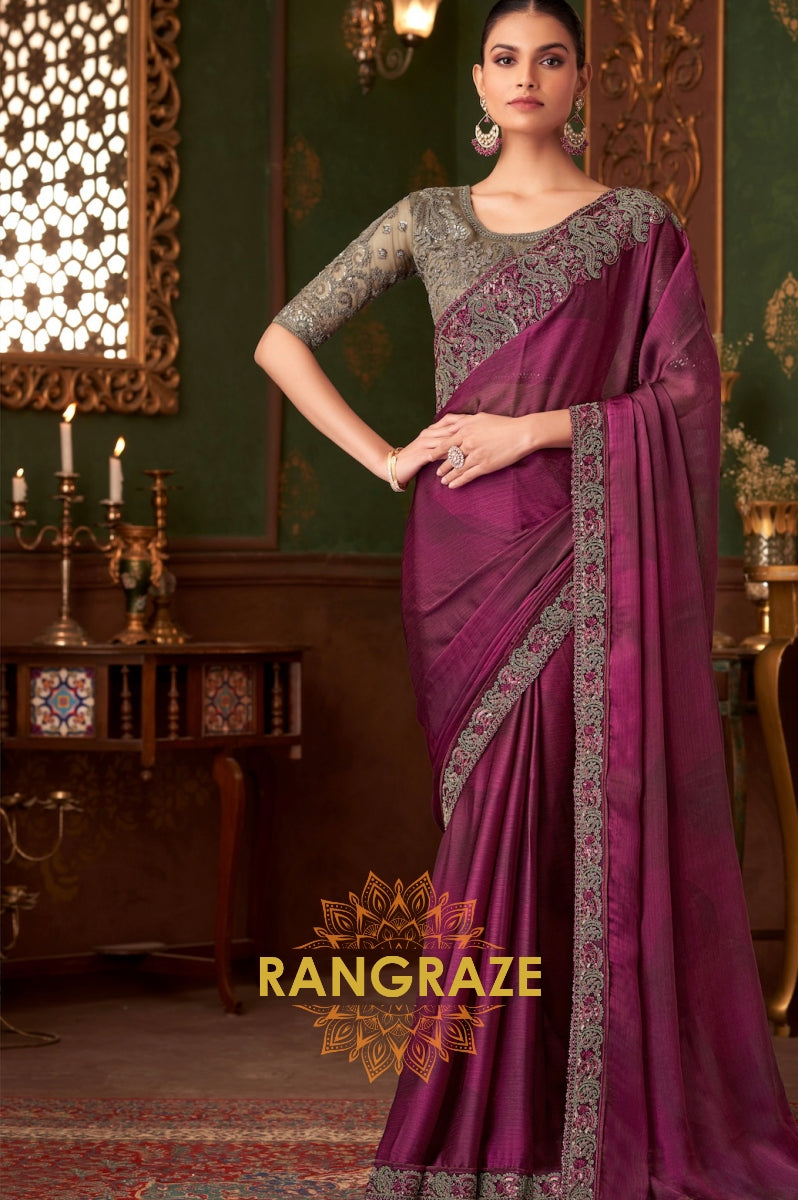 Elegant Wine Designer Saree with Intricate Embroidery