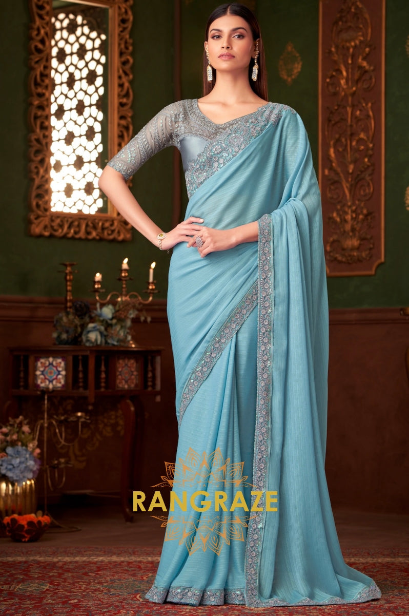 Ocean Breeze Designer Saree with Intricate Embroidery