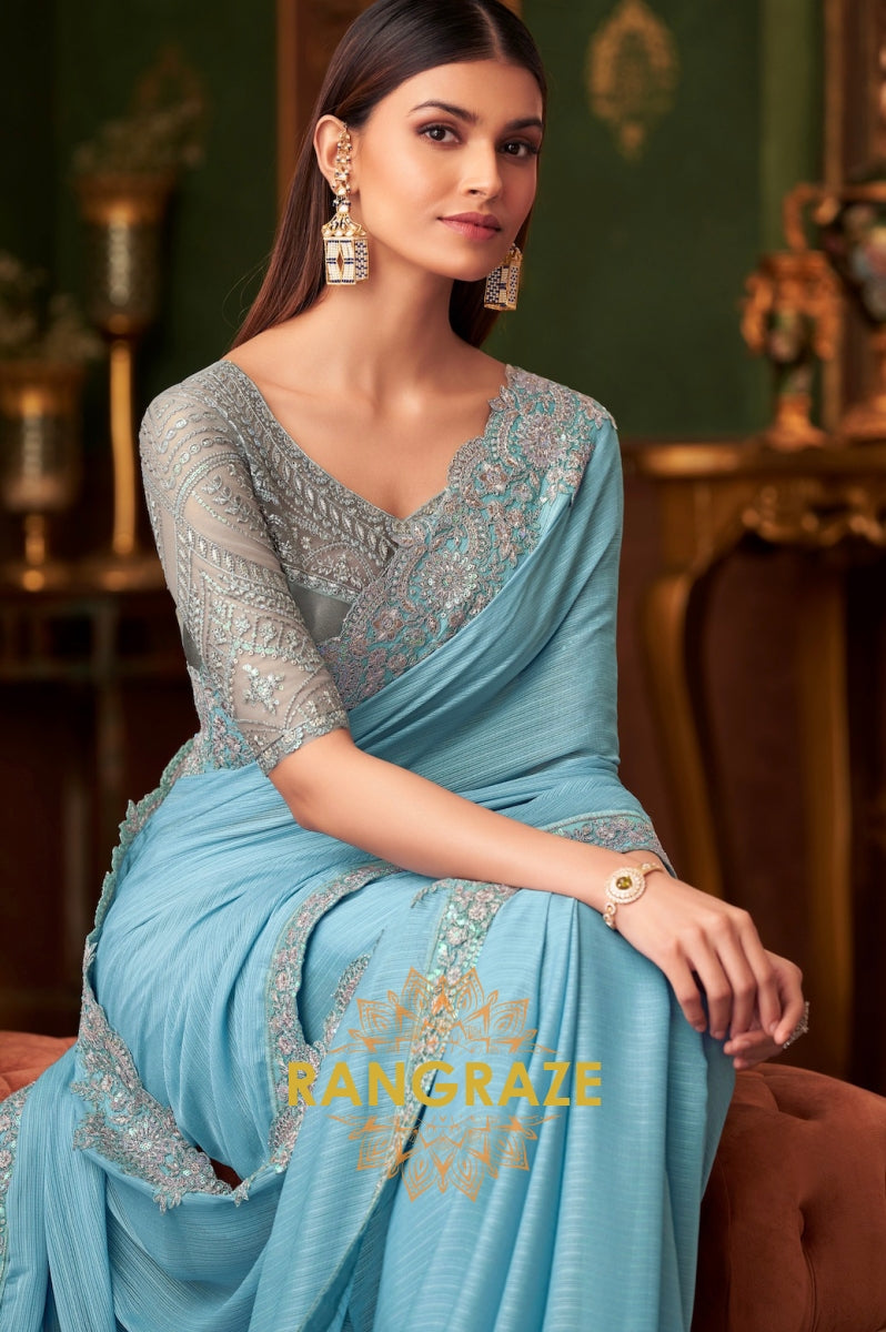 Ocean Breeze Designer Saree with Intricate Embroidery