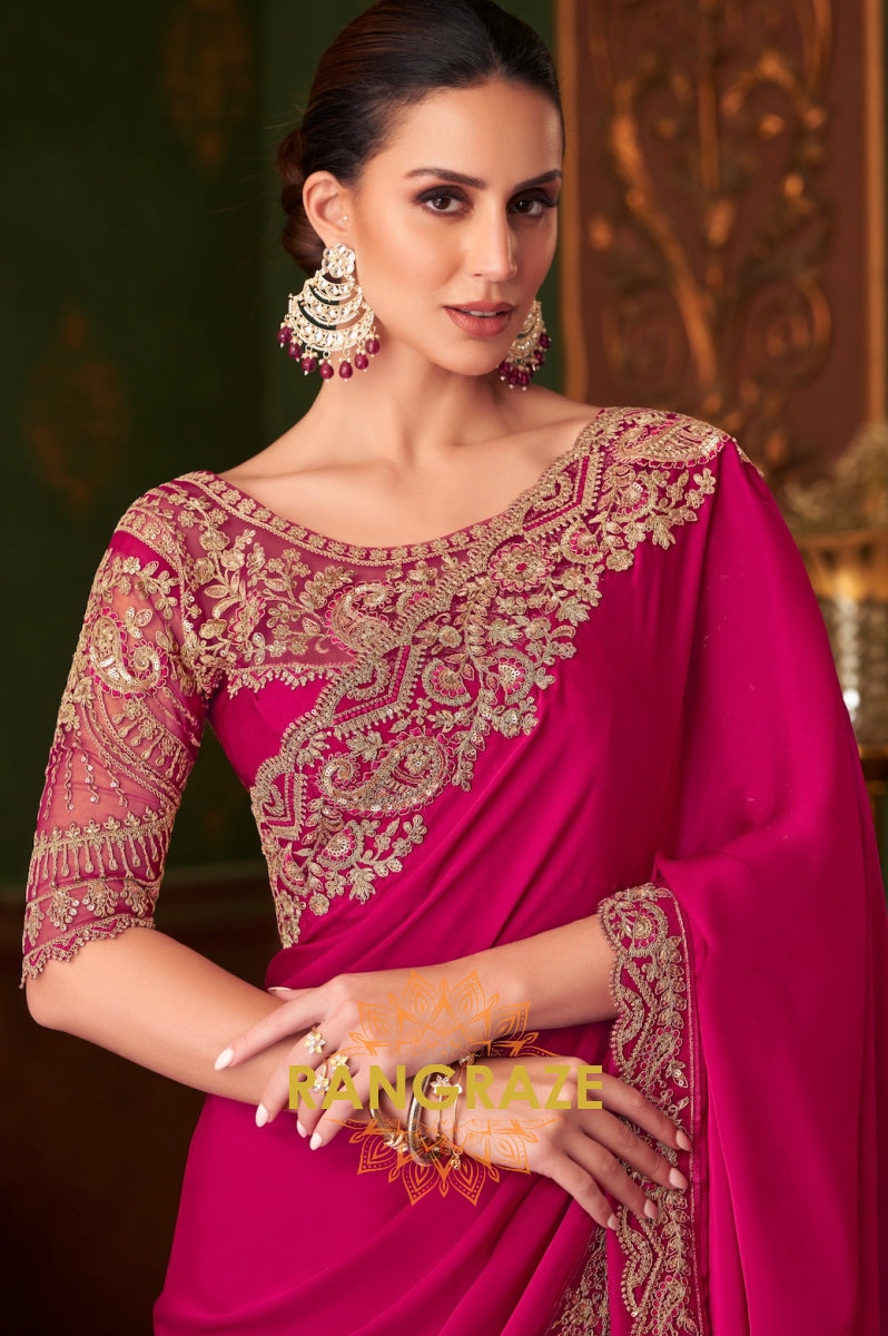 Opulent Fuchsia Silk Saree with Exquisite Gold Embroidery