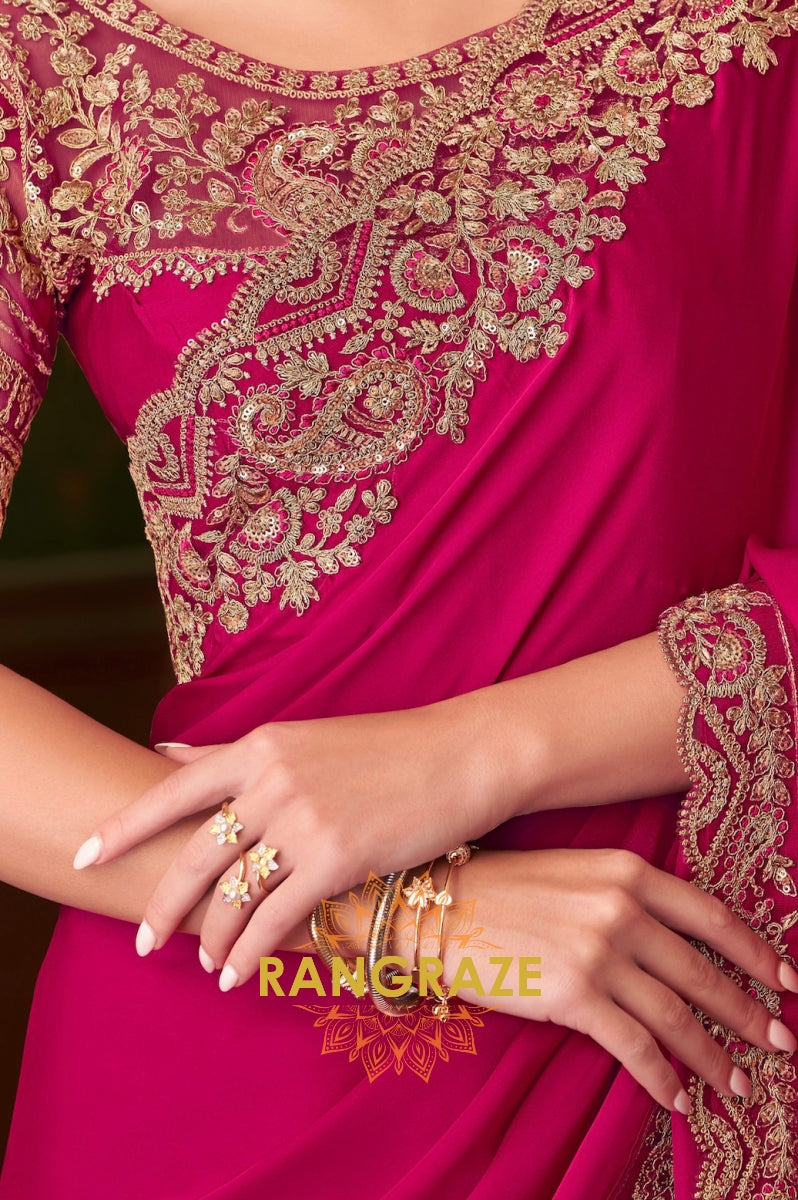 Opulent Fuchsia Silk Saree with Exquisite Gold Embroidery