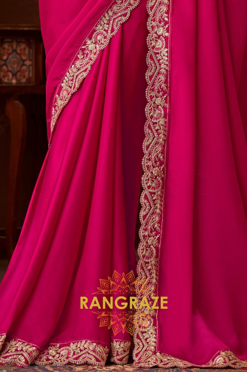 Opulent Fuchsia Silk Saree with Exquisite Gold Embroidery