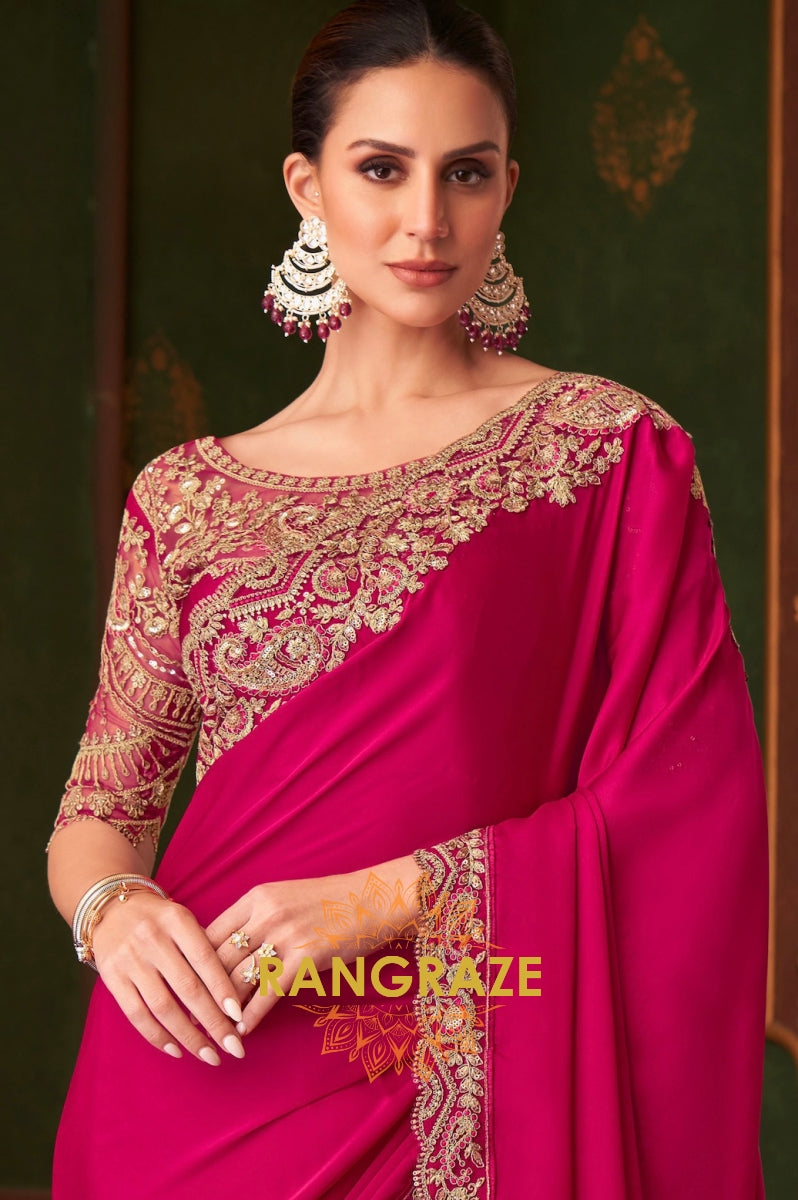 Opulent Fuchsia Silk Saree with Exquisite Gold Embroidery