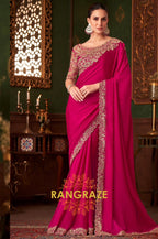 Opulent Fuchsia Silk Saree with Exquisite Gold Embroidery