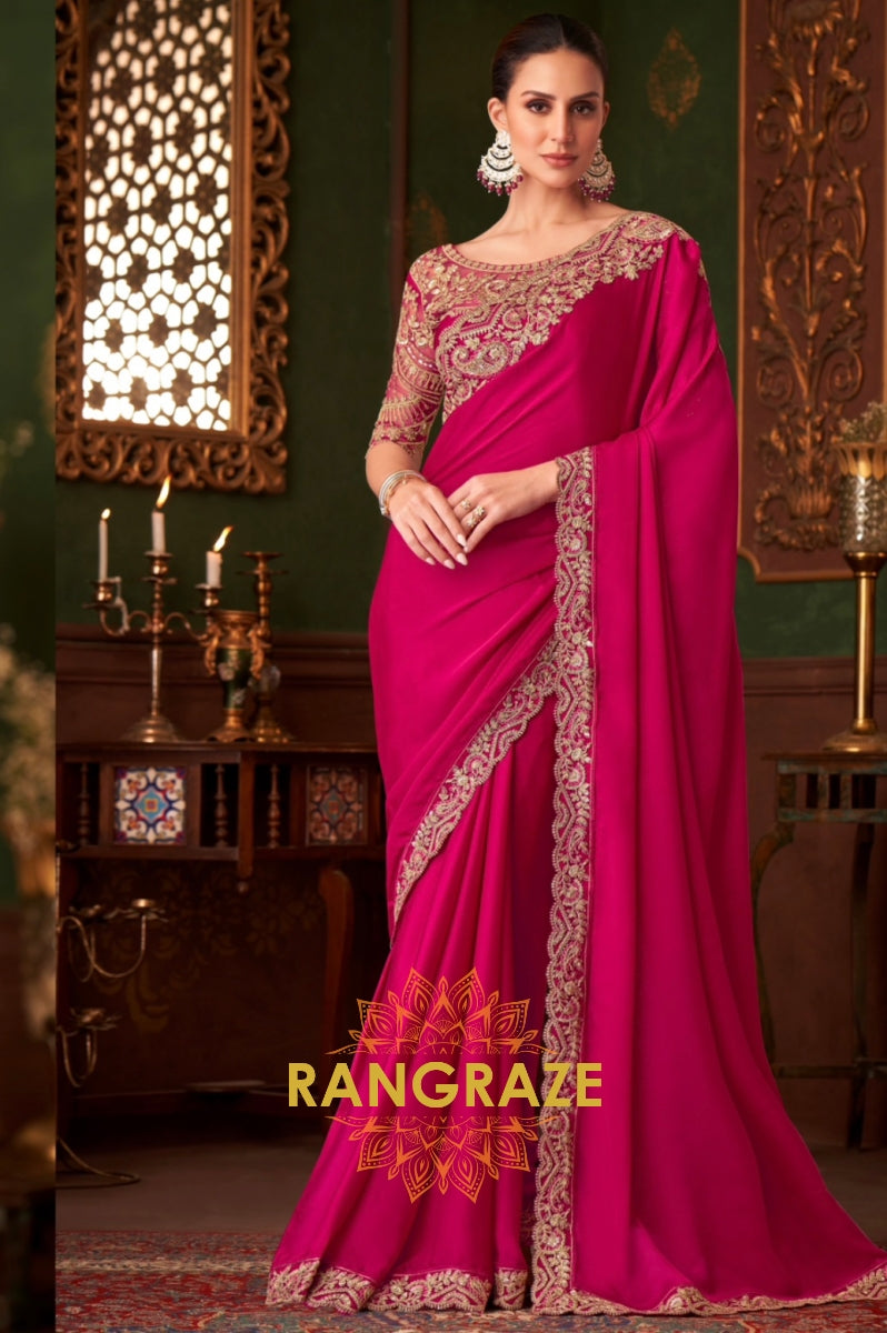 Opulent Fuchsia Silk Saree with Exquisite Gold Embroidery