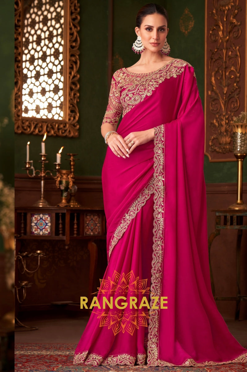 Opulent Fuchsia Silk Saree with Exquisite Gold Embroidery