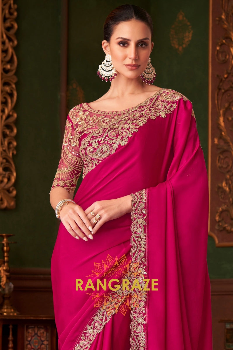 Opulent Fuchsia Silk Saree with Exquisite Gold Embroidery