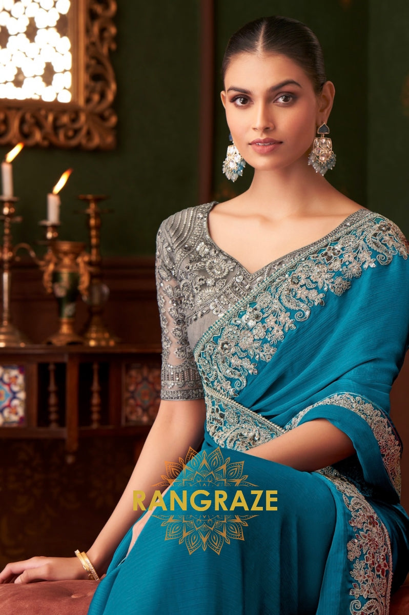 Teal Designer Saree with Exquisite Silver Embroidery