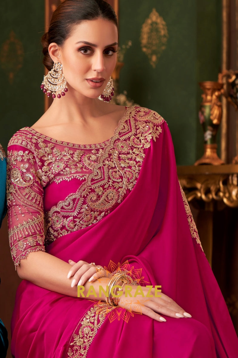 Opulent Fuchsia Silk Saree with Exquisite Gold Embroidery