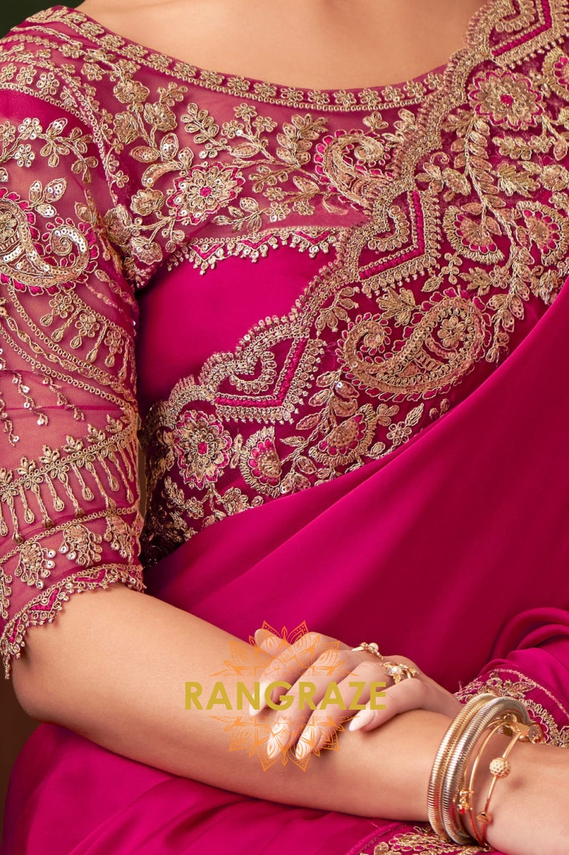 Opulent Fuchsia Silk Saree with Exquisite Gold Embroidery