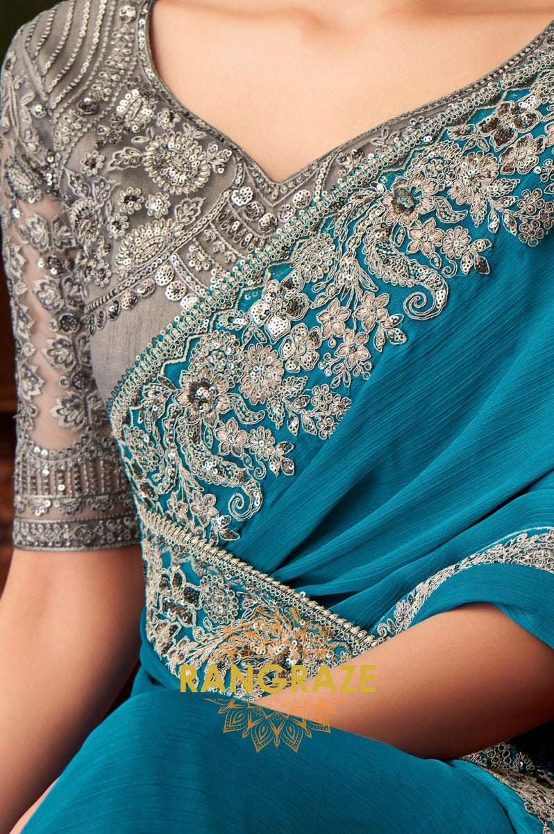 Teal Designer Saree with Exquisite Silver Embroidery