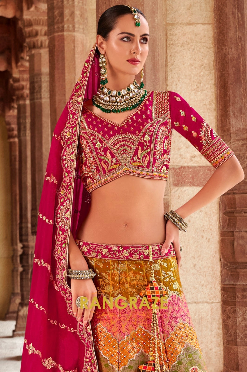 Radiant Ruby Pink and Mustard Banarasi Silk Lehenga – A Statement of Regal Sophistication