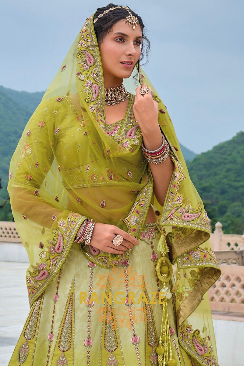 Chartreuse Green and Pink Embroidered Lehenga – A Whimsical Symphony of Elegance