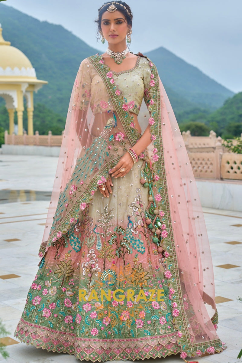Sage Green and Blush Pink Embroidered Lehenga – A Regal Tribute to Nature's Elegance