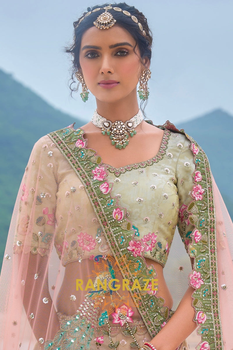 Sage Green and Blush Pink Embroidered Lehenga – A Regal Tribute to Nature's Elegance