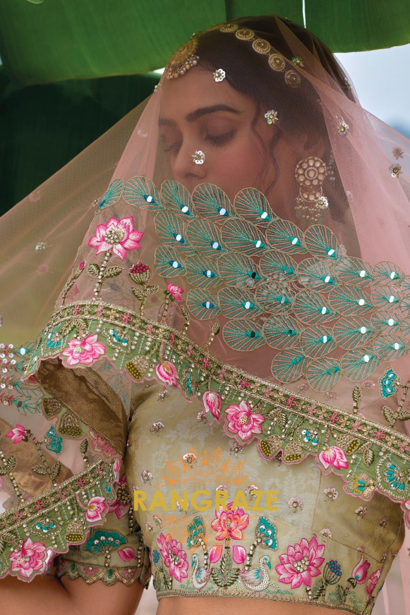 Sage Green and Blush Pink Embroidered Lehenga – A Regal Tribute to Nature's Elegance