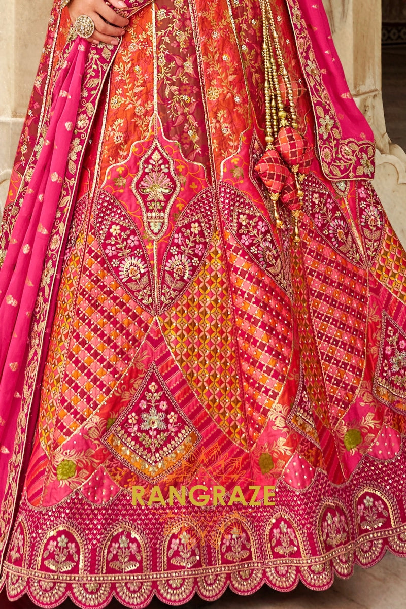 Fuchsia Pink and Fiery Orange Banarasi Embroidered Lehenga – A Symphony of Traditional Grandeur