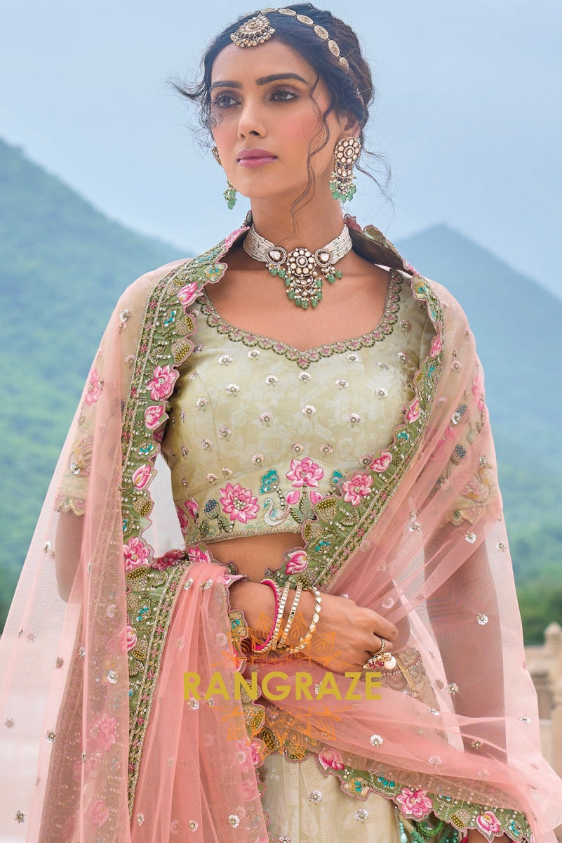 Sage Green and Blush Pink Embroidered Lehenga – A Regal Tribute to Nature's Elegance