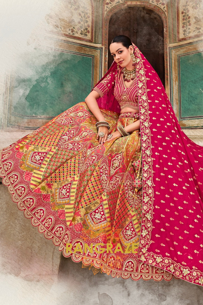 Fuchsia Pink and Golden Banarasi Silk Lehenga – A Regal Symphony of Elegance