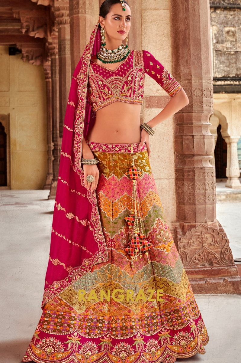 Radiant Ruby Pink and Mustard Banarasi Silk Lehenga – A Statement of Regal Sophistication