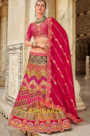 Majestic Ruby Red and Gold Banarasi Silk Lehenga – The Epitome of Timeless Elegance