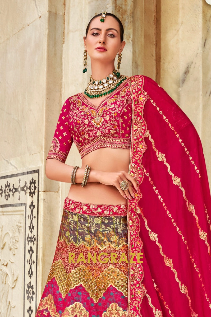 Majestic Ruby Red and Gold Banarasi Silk Lehenga – The Epitome of Timeless Elegance