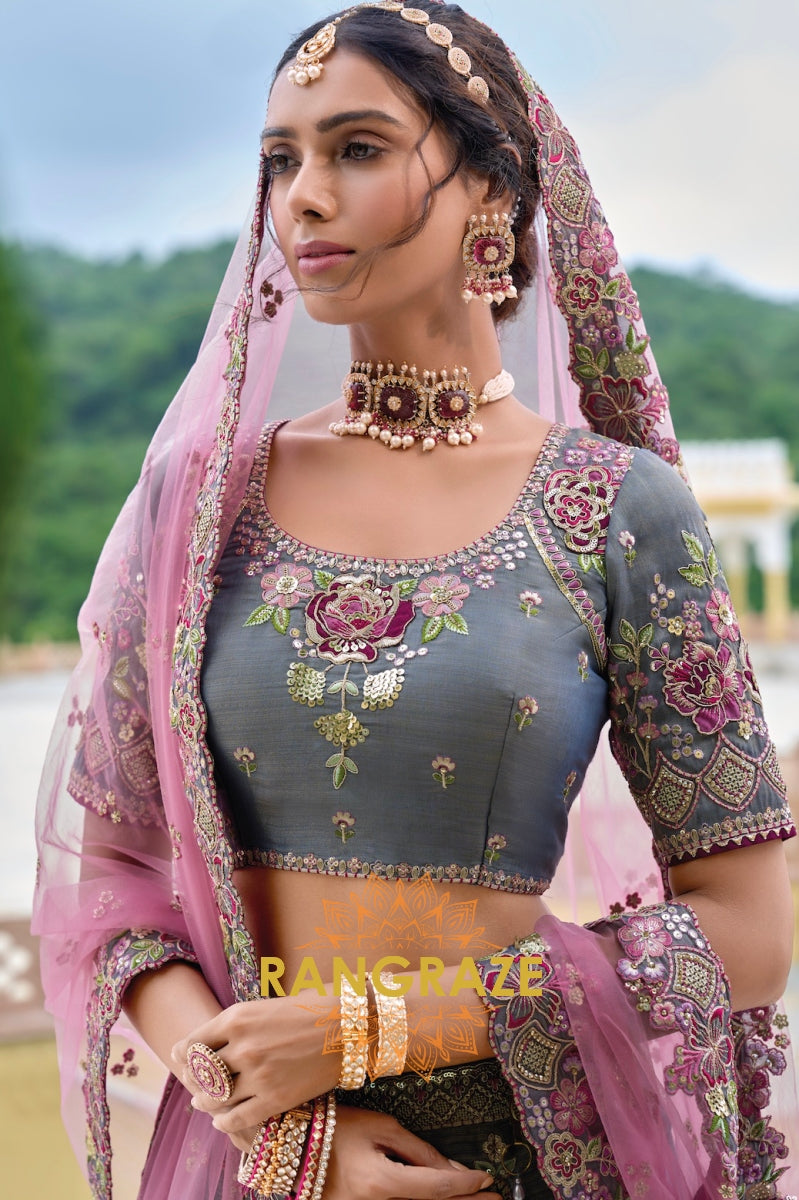 Smoky Grey and Dusty Rose Embroidered Lehenga – A Blend of Sophistication and Grace