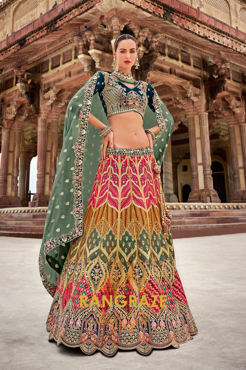 Teal Blue and Multicolor Banarasi Silk Lehenga – A Statement of Regal Sophistication