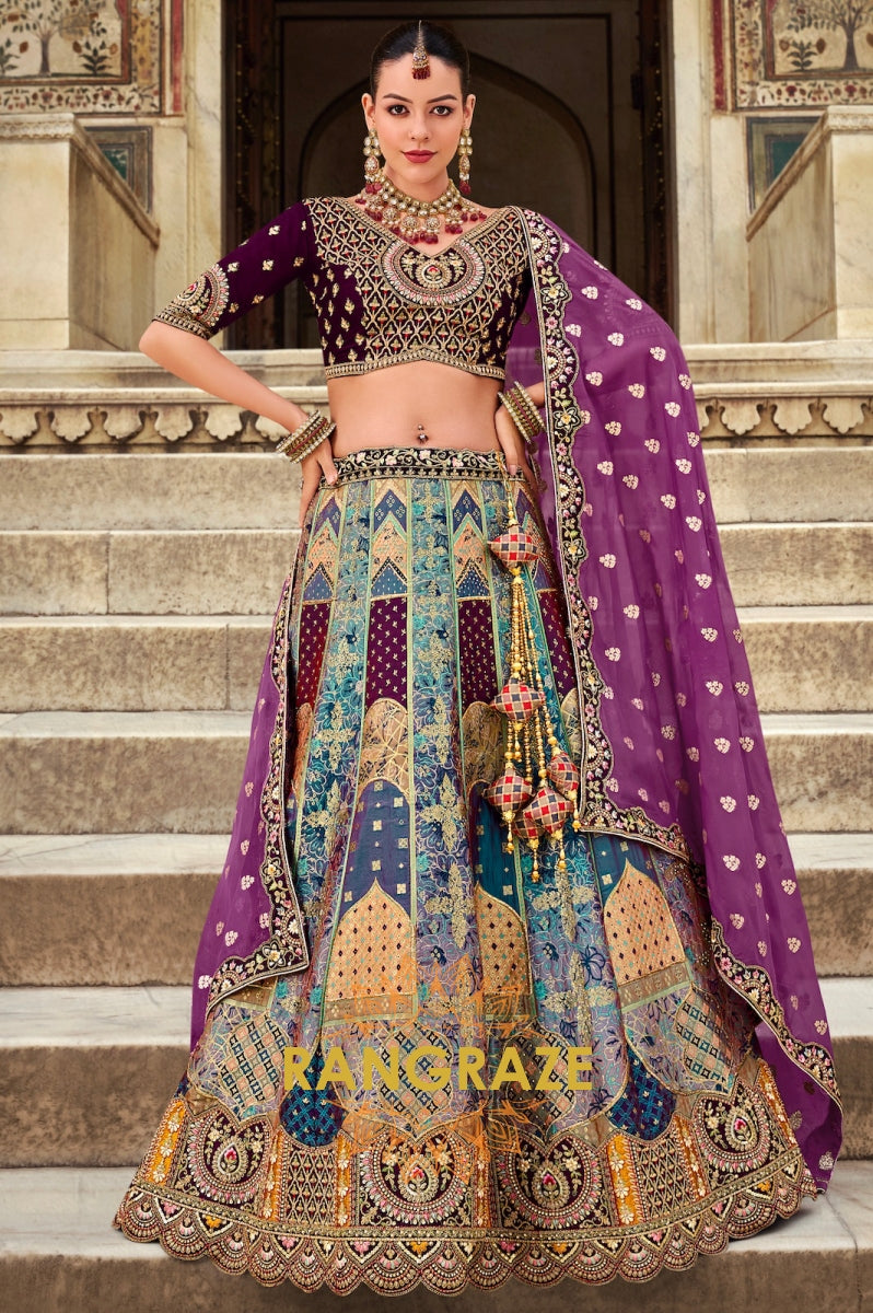 Majestic Purple and Royal Blue Banarasi Silk Lehenga – A Regal Tapestry of Elegance