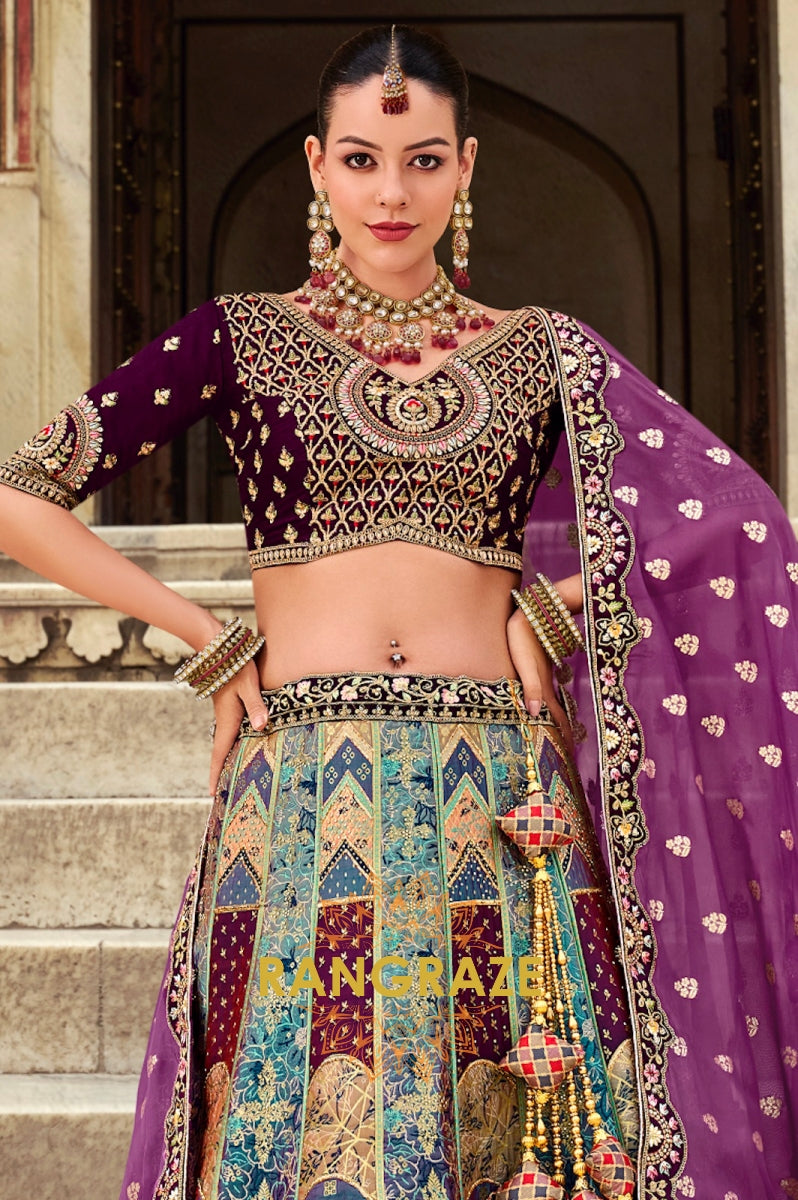 Majestic Purple and Royal Blue Banarasi Silk Lehenga – A Regal Tapestry of Elegance