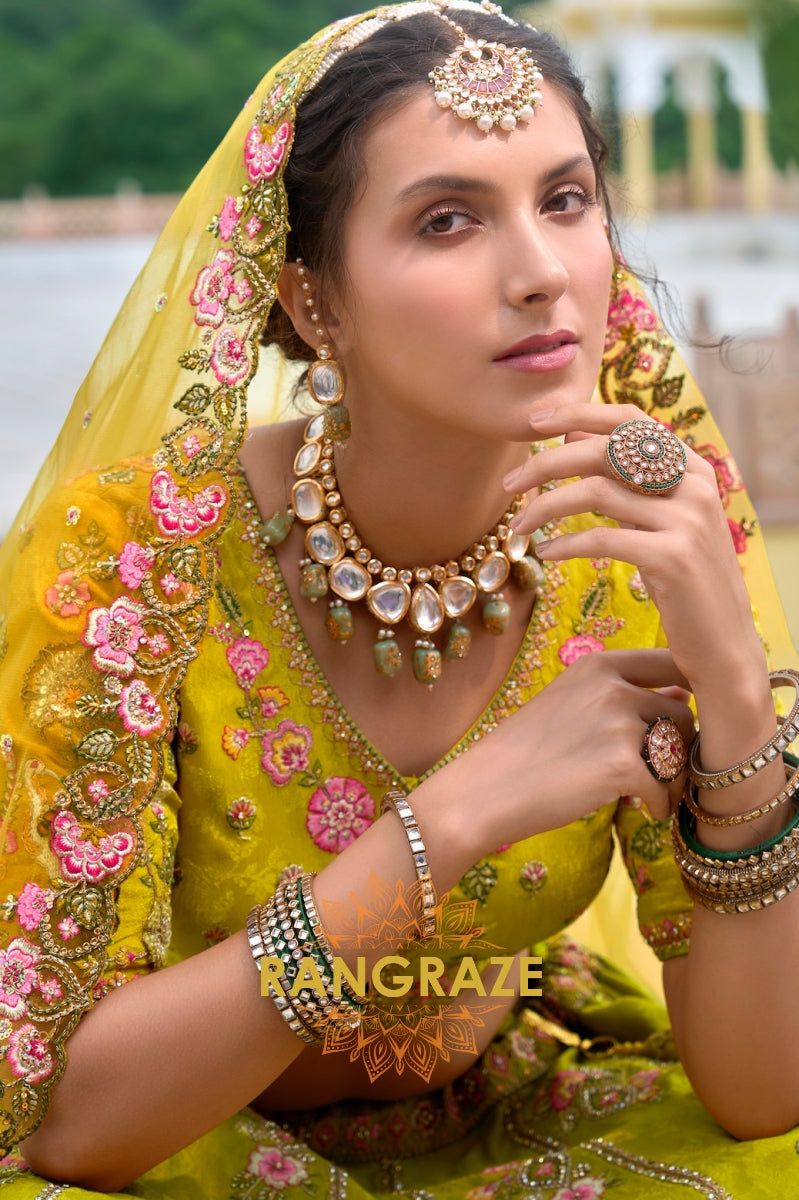 Golden Lime and Floral Embroidered Lehenga – A Vibrant Blossom of Elegance