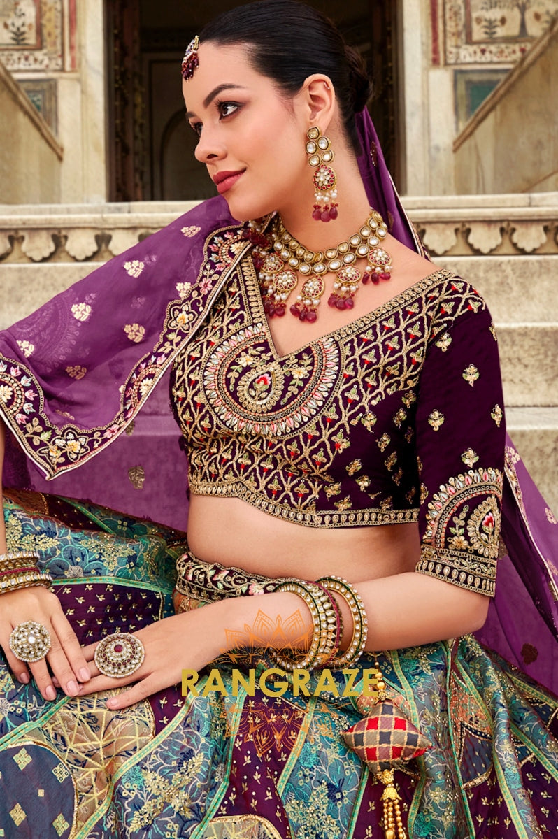 Majestic Purple and Royal Blue Banarasi Silk Lehenga – A Regal Tapestry of Elegance