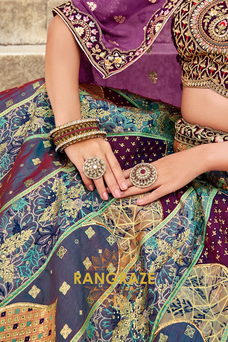 Majestic Purple and Royal Blue Banarasi Silk Lehenga – A Regal Tapestry of Elegance