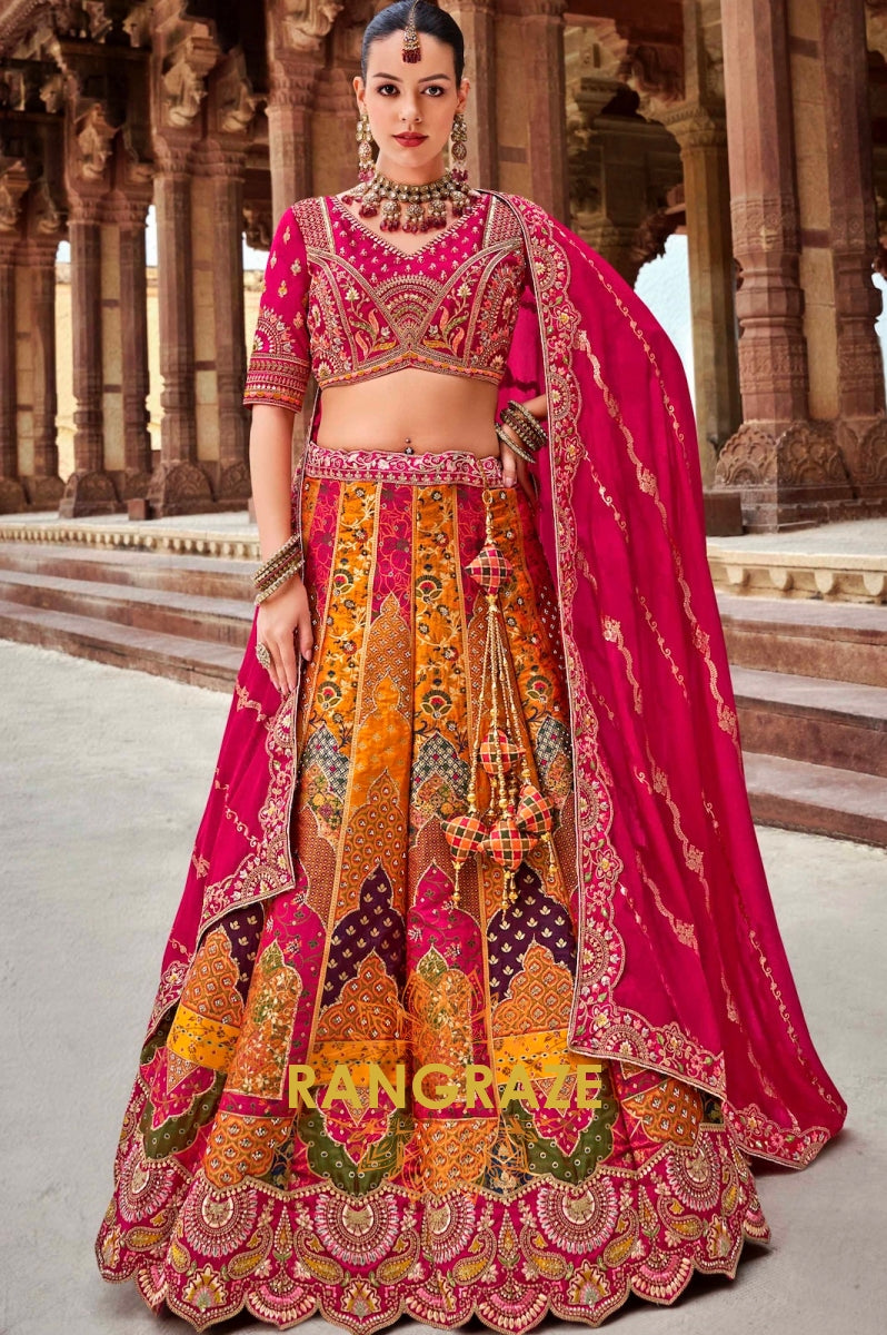 Vibrant Pink and Orange Banarasi Silk Lehenga – A Kaleidoscope of Elegance