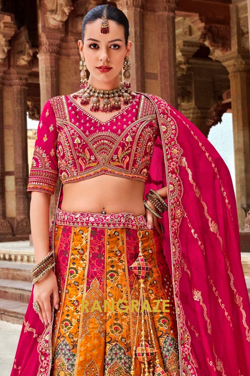 Vibrant Pink and Orange Banarasi Silk Lehenga – A Kaleidoscope of Elegance