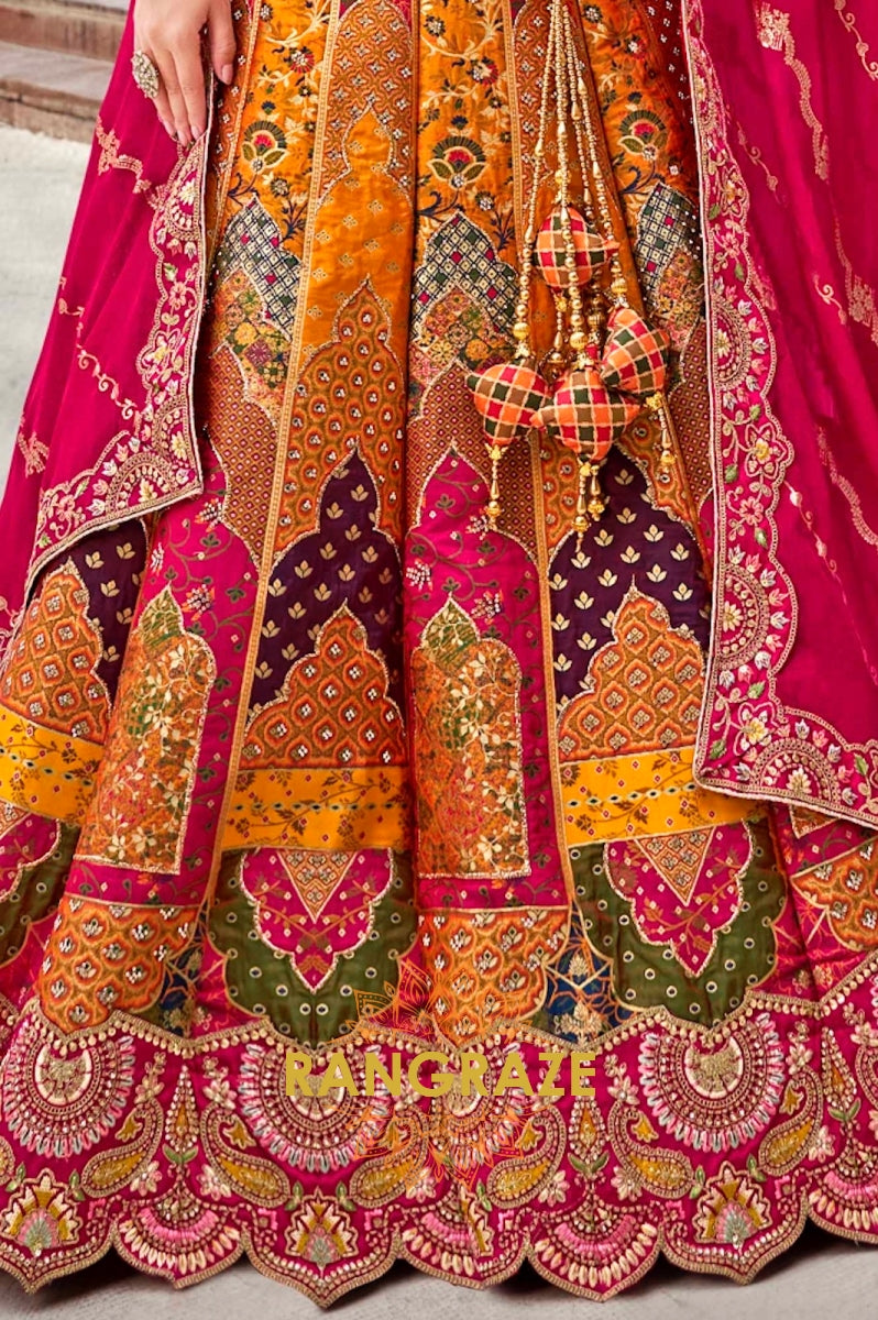 Vibrant Pink and Orange Banarasi Silk Lehenga – A Kaleidoscope of Elegance