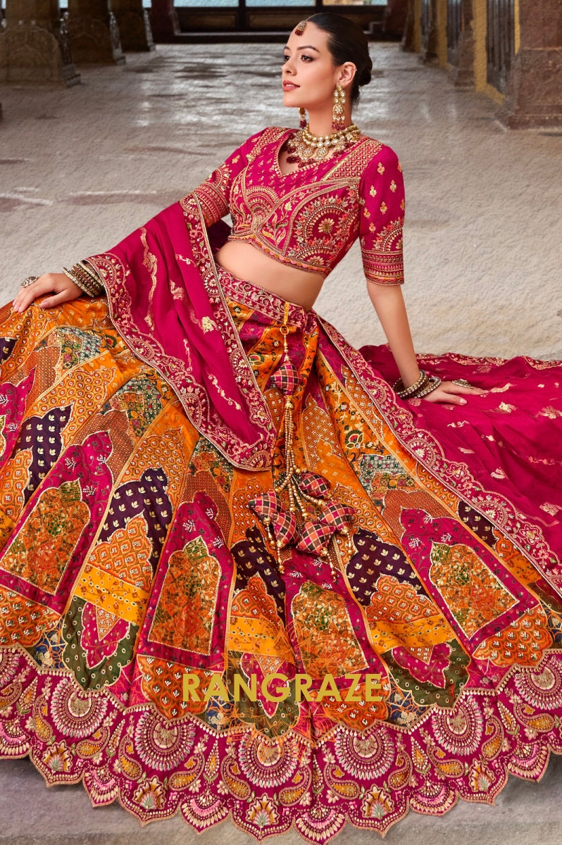 Vibrant Pink and Orange Banarasi Silk Lehenga – A Kaleidoscope of Elegance