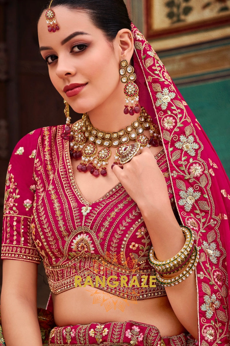 Fuchsia Pink and Golden Banarasi Silk Lehenga – A Regal Symphony of Elegance