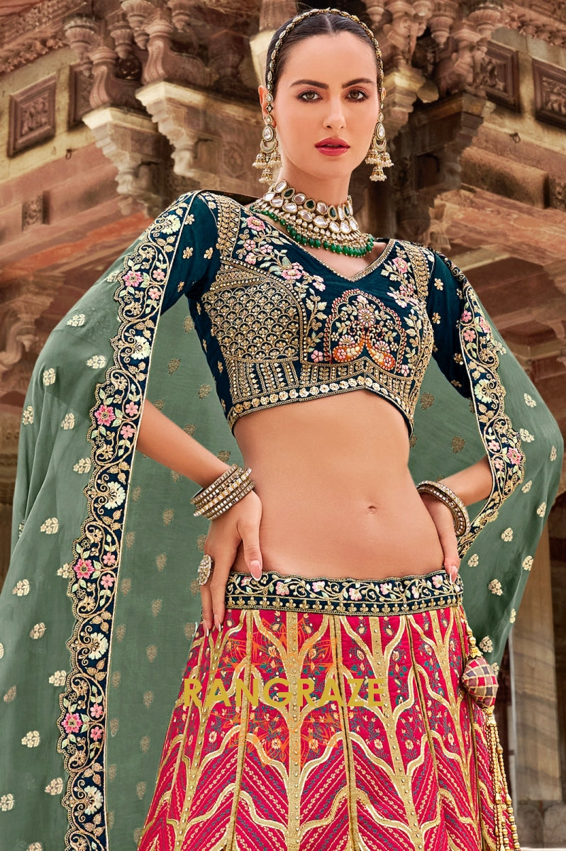 Teal Blue and Multicolor Banarasi Silk Lehenga – A Statement of Regal Sophistication