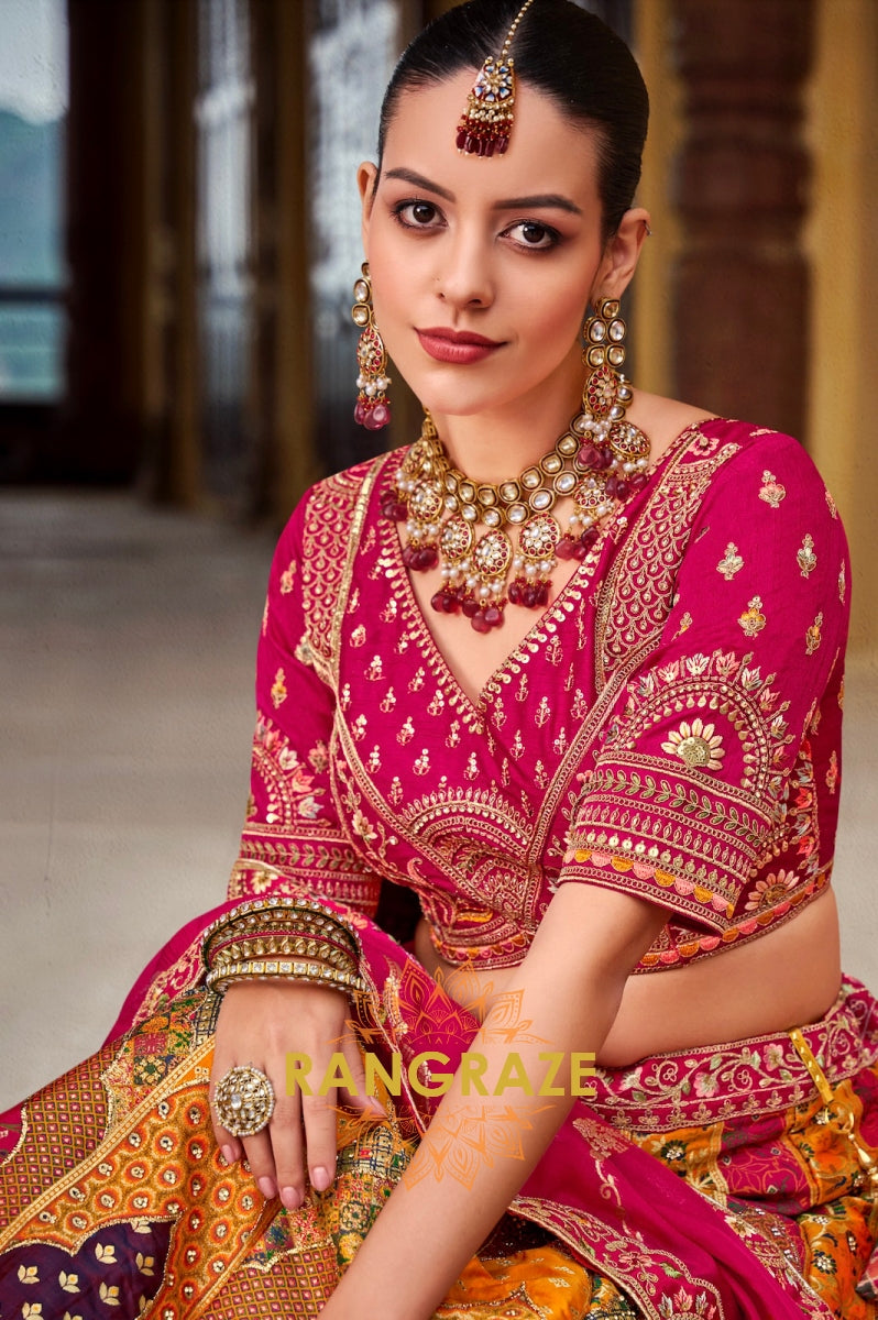 Vibrant Pink and Orange Banarasi Silk Lehenga – A Kaleidoscope of Elegance