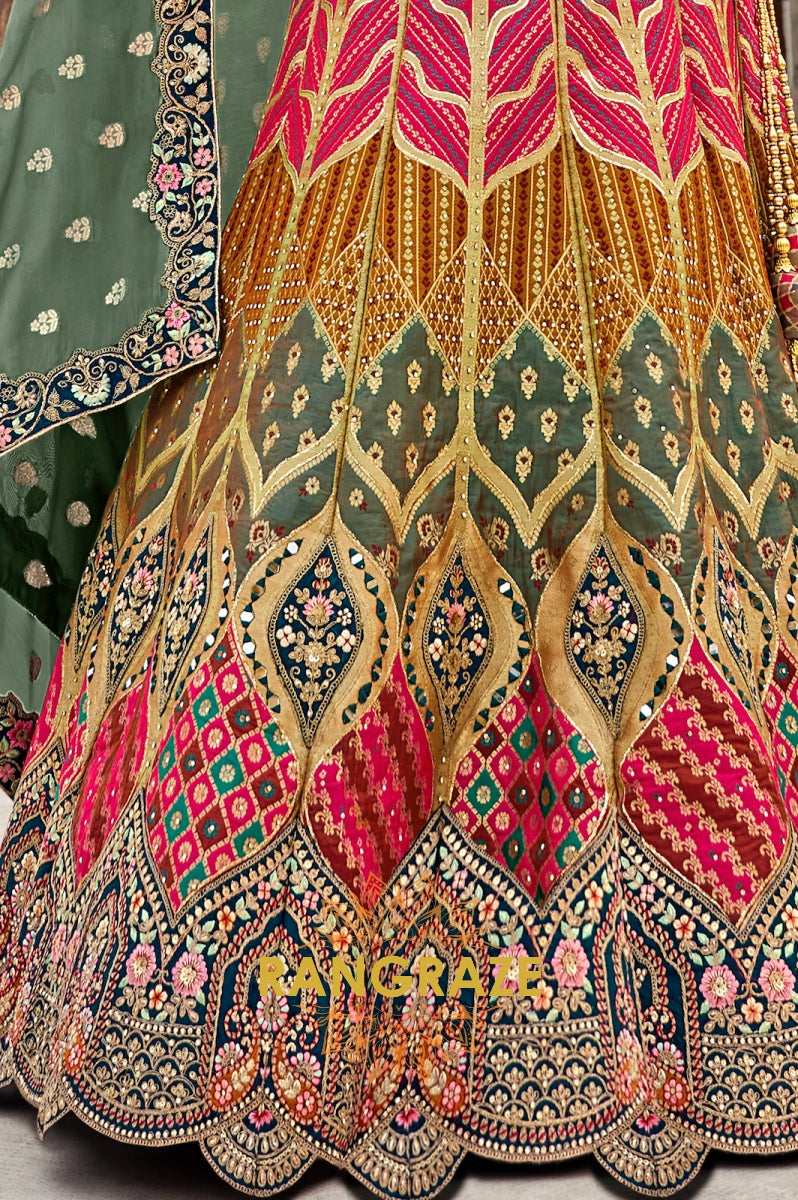 Teal Blue and Multicolor Banarasi Silk Lehenga – A Statement of Regal Sophistication